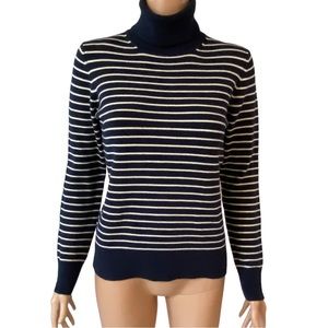 French Connection Long Sleeve Stripped Navy Blue White Turtleneck